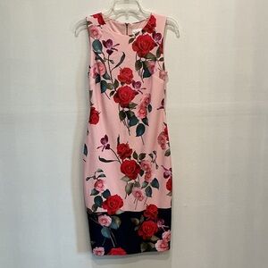 Elegant Floral Midi Dress in Pink and Red